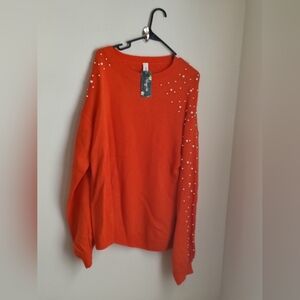 Blooming Jelly Sweater Women Large Orange Pearl Accents Elegant Preppy Versatile